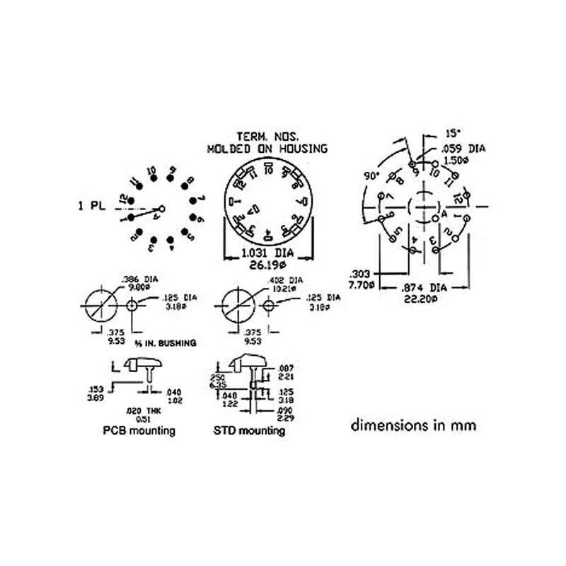 COMMUTATEUR ROTATIF 4 CIRCUITS / 3 POSITIONS - COSSES A SOUDER